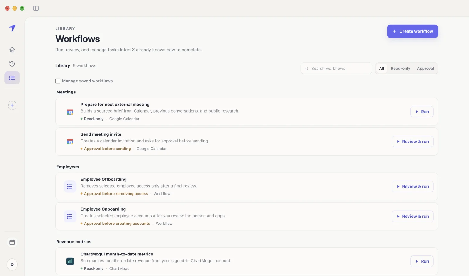 The IntentX workflow library showing searchable routines and clear read-only or approval-before-running labels